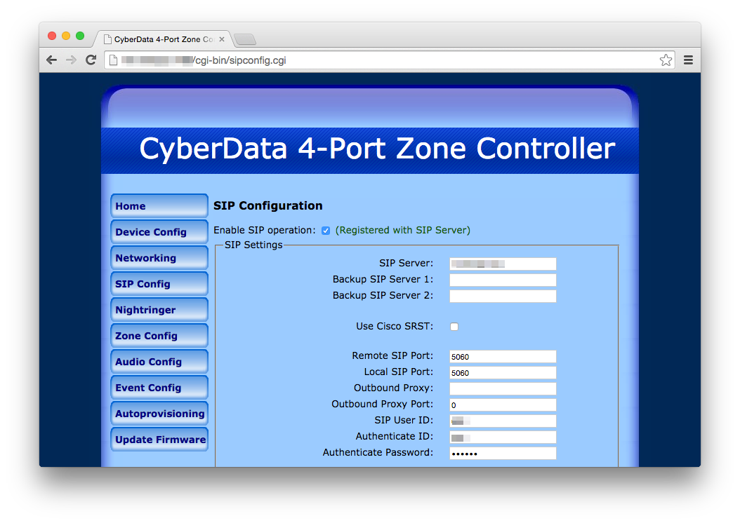 SIP configuration panel
